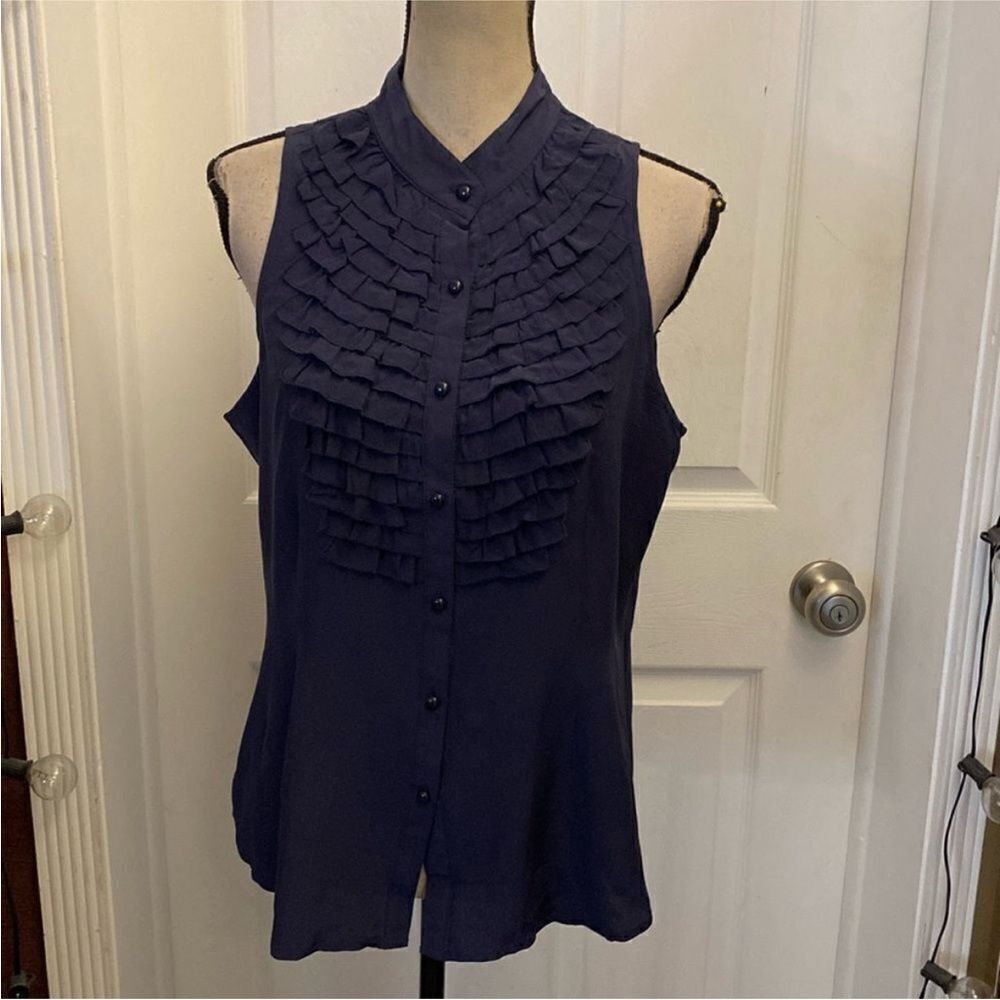 Pink Tartan Midnight Blue Ruffle Front silk Blouse, US10